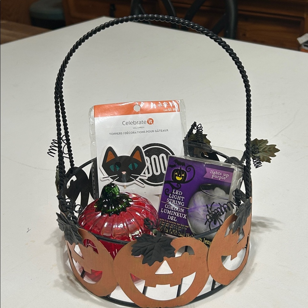 Halloween Metal Grab Basket Cupcake Toppers Glass Pumpkin LED String Light